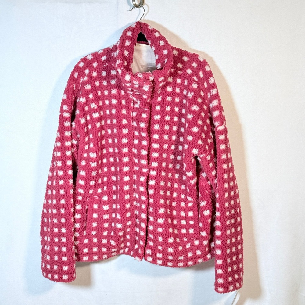 78 & Sunny Women's 1X Pink White Fuzzy Fleece Jacket cow neck Y2K modern indie